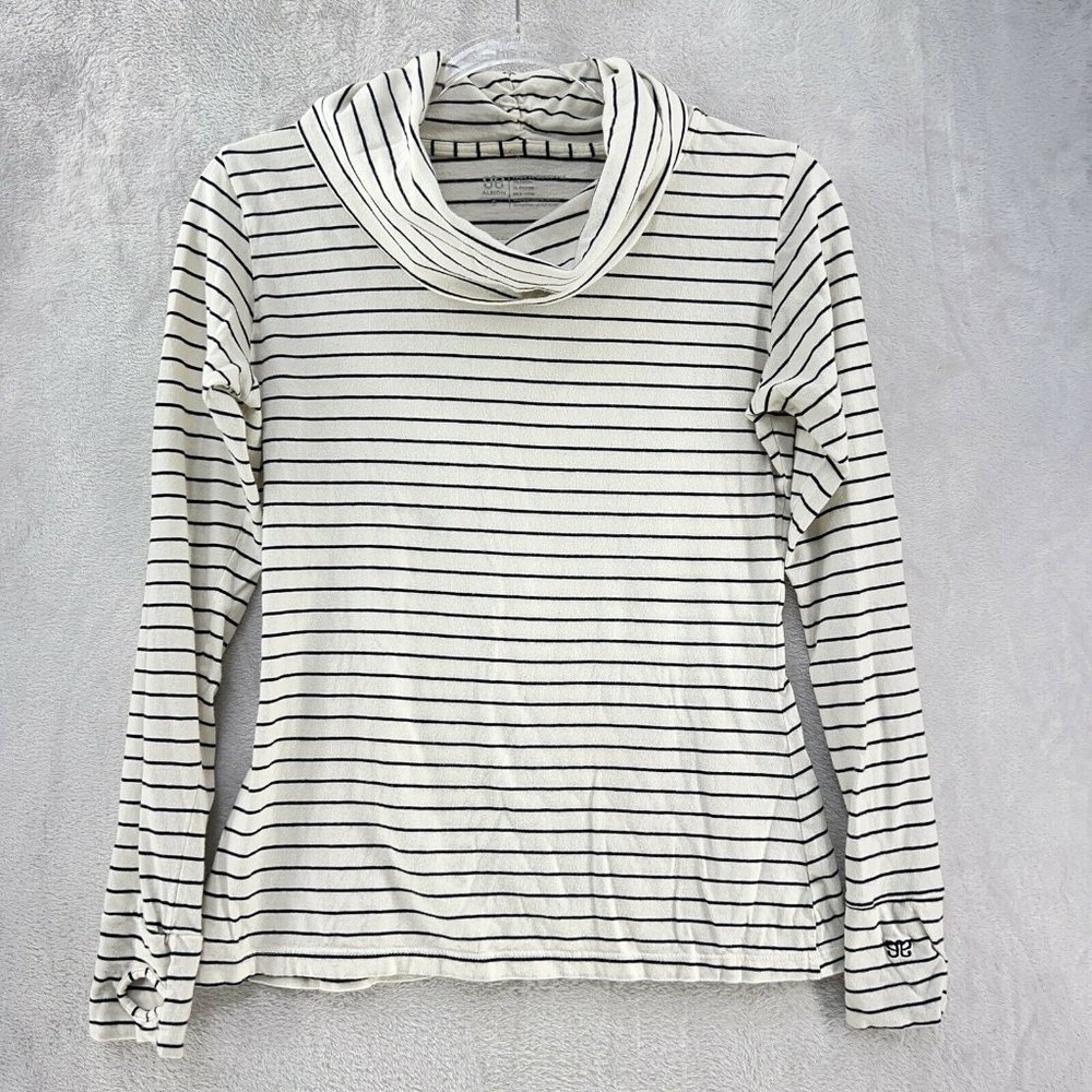 Albion Shirt Womens Small Striped Cowl Turtleneck Knit Black White Thumbholes